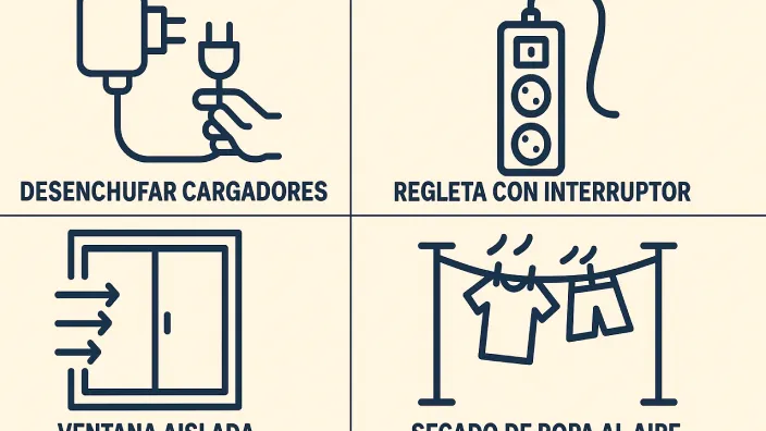 Iconos con consejos de ahorro energético: desenchufar cargadores, usar regletas, aislar ventanas y secar ropa al aire.