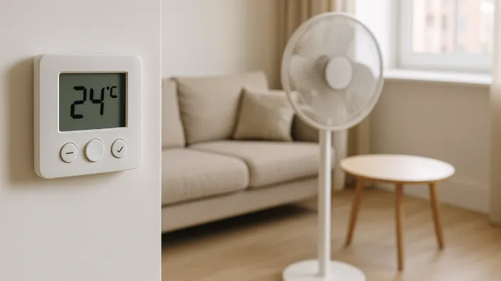 Termostato digital marcando 24 grados en un salón con ventilador, clave para una climatización eficiente y ahorrar.