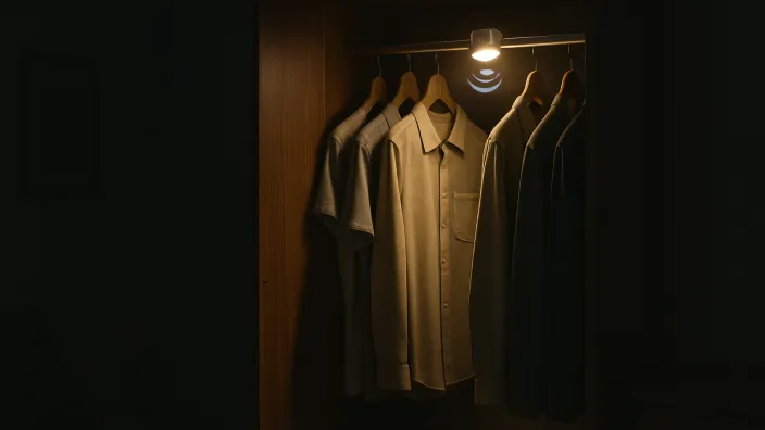 Luz LED con sensor de movimiento en un armario para iluminar de forma eficiente y automática solo cuando es necesario.