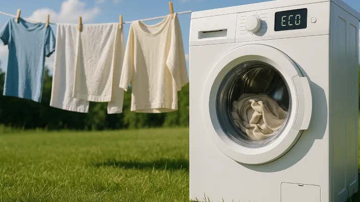 Lavadora en modo ECO y ropa tendida secándose al aire libre, un método ecológico para ahorrar energía en la colada.