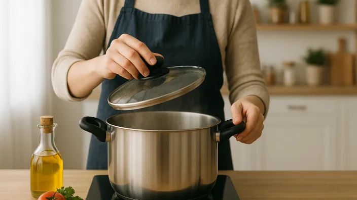 Persona tapando una olla al cocinar en una placa de inducción para aprovechar el calor y ahorrar energía en la cocina.