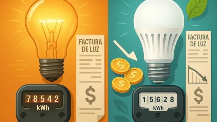 Comparativa de consumo entre bombilla incandescente y LED, mostrando el ahorro en la factura de la luz y el contador.