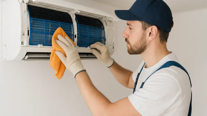Técnico limpiando los filtros de un aire acondicionado para optimizar su eficiencia y reducir el consumo energético.