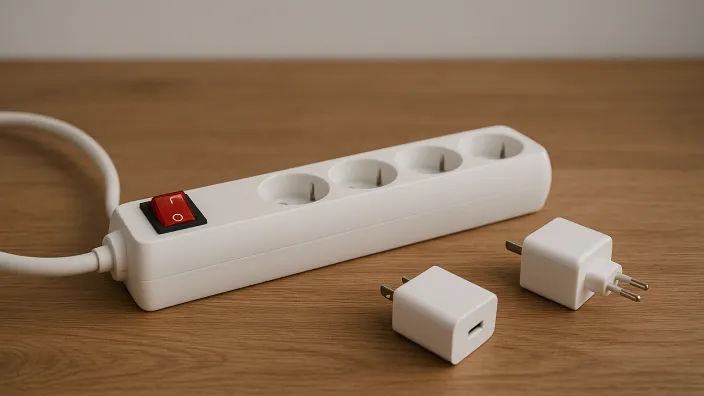 Regleta con interruptor apagado y cargadores desenchufados para evitar el consumo fantasma de aparatos electrónicos.