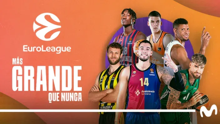 Cartel de la Euroliga de baloncesto en Movistar Plus+ con jugadores destacados y el lema Más grande que nunca.