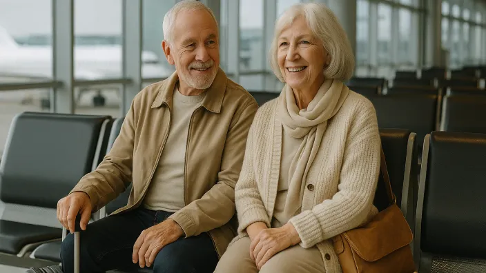 Pareja de mayores sonriendo en la sala de espera de un aeropuerto, viajando tranquilos gracias a su seguro de viaje.