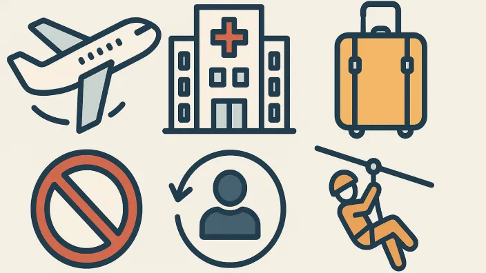 Iconos de las coberturas de un seguro de viaje: gastos médicos, cancelación, equipaje, deportes de aventura y cambios.