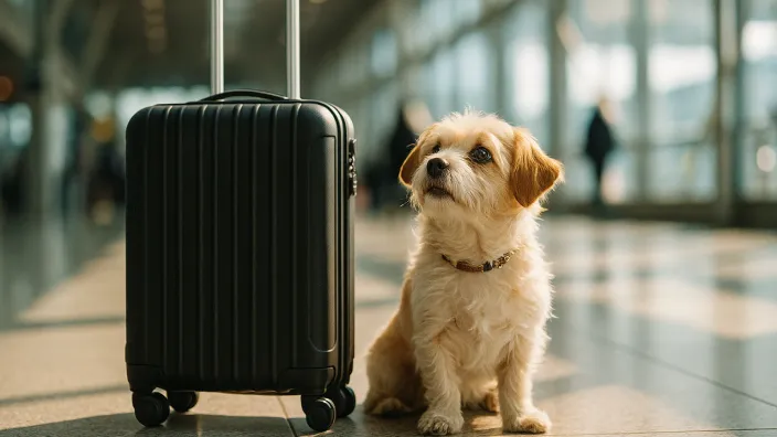 Perro pequeño sentado junto a una maleta en el aeropuerto, concepto de viajar con mascotas y la importancia de un seguro.