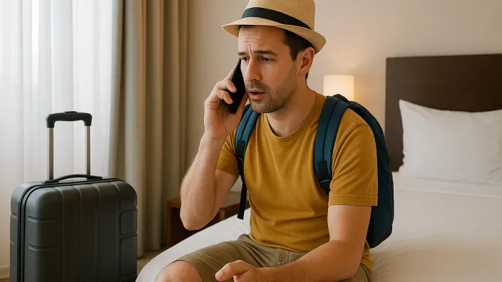 Turista preocupado llamando por teléfono desde su hotel para resolver un problema durante el viaje con su seguro de asistencia.