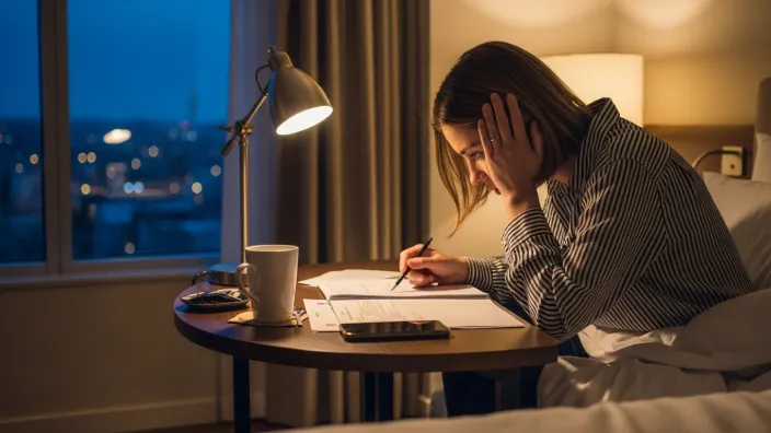 Mujer de negocios revisando documentos y facturas en la habitación de un hotel durante la noche.