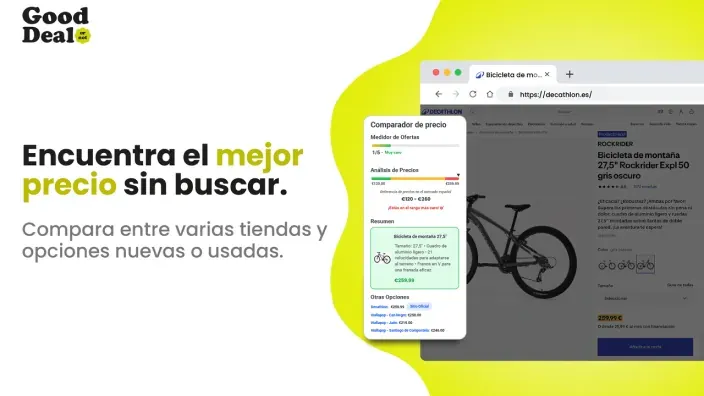 Interfaz de Good Deal comparando precios de bicicleta entre sitio oficial Decathlon y segunda mano Wallapop.