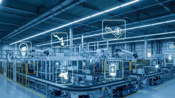 Fábrica industrial con iconos digitales de eficiencia energética y ahorro de consumo eléctrico.