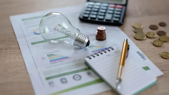 Factura de luz con una bombilla, una calculadora, monedas y una libreta sobre una mesa.