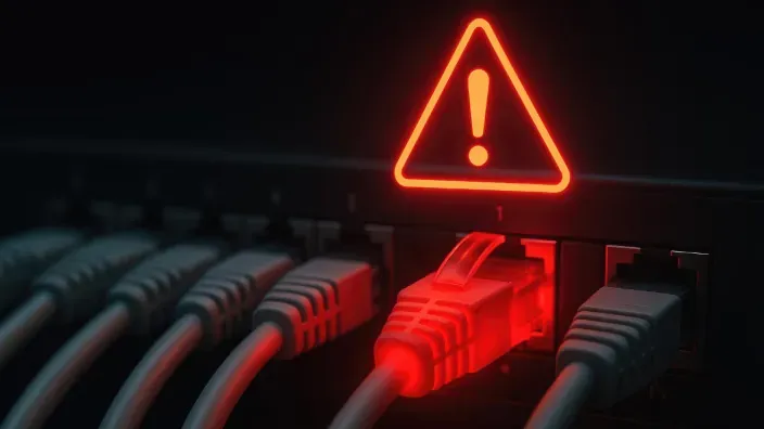 Cable de red Ethernet con un icono de advertencia rojo brillante para representar una falla en la conexión de internet.