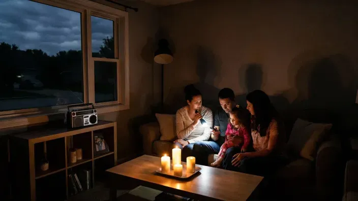 Una familia se reune en el salon a la luz de las velas al estar sufriendo un apagón.