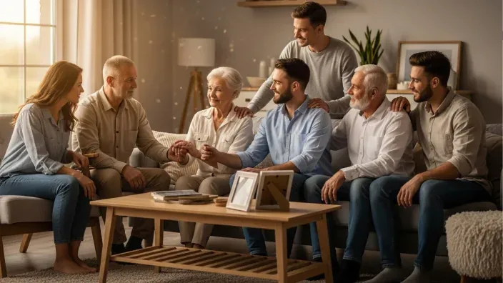 Familia multigeneracional reunida en casa, símbolo de unión, apoyo y continuidad familiar.
