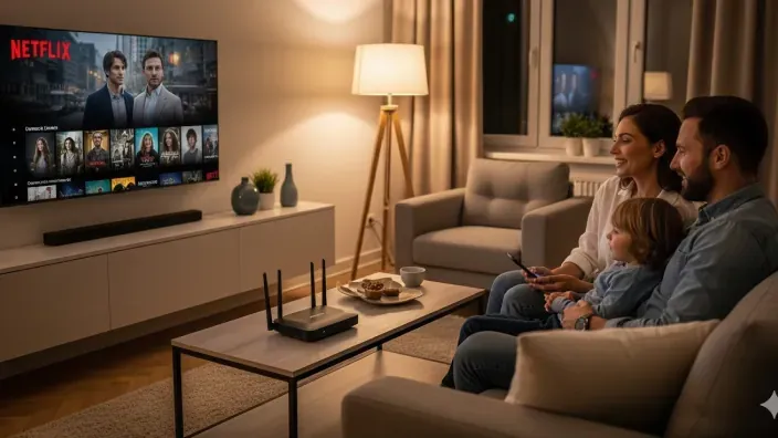 Familia viendo Netflix en el salón de su casa. Un router en la mesa garantiza una buena conexión a internet para el streaming.