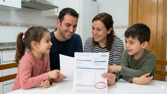 Familia sonriente en la cocina revisando una factura de 2026. Ahorro energético y finanzas del hogar.