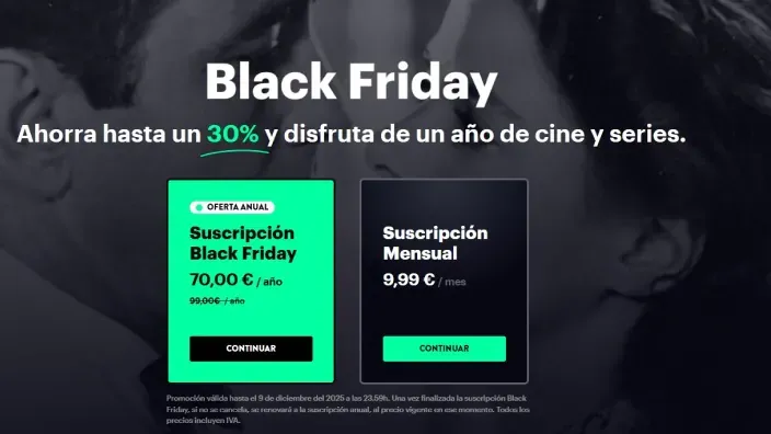 Promoción del Black Friday de Filmin con el descuento del 30% en la suscripción anual.