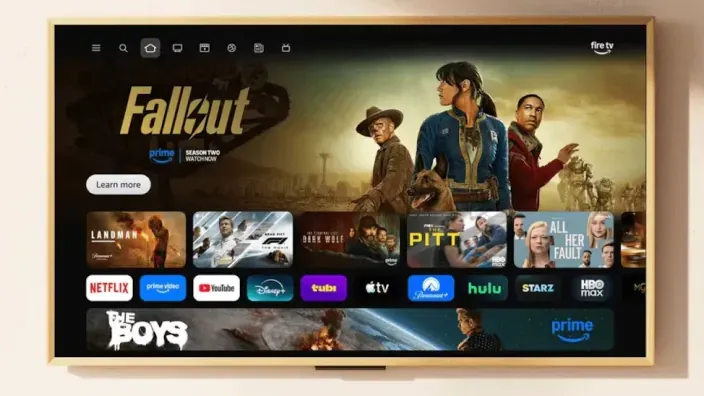 Smart TV con interfaz Fire TV promocionando la serie Fallout y apps de streaming.
