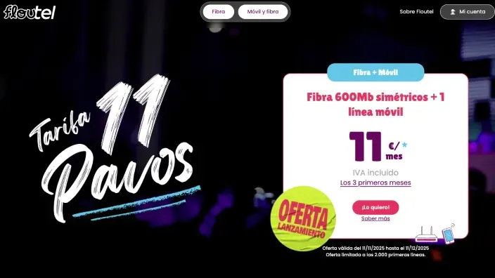 Oferta de lanzamiento de Floutel: su Tarifa 11 Pavos con fibra de 600Mb y línea móvil por solo 11 euros al mes.