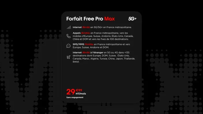 Detalles del Forfait Free Pro Max con internet ilimitado en 5G llamadas y SMS incluidos para profesionales.