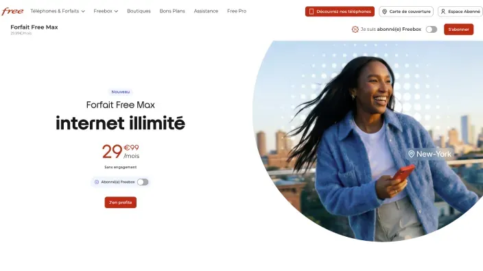 Web de Free con la tarifa Forfait Free Max de internet ilimitado por veintinueve euros con noventa y nueve céntimos al mes.