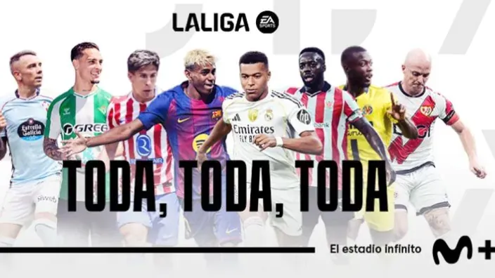 Promoción de Movistar Plus+ con jugadores de varios equipos de LaLiga EA Sports posando sobre fondo blanco.