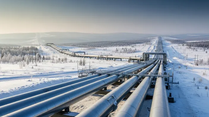Gasoducto atravesando un paisaje nevado, una infraestructura clave para el transporte y suministro de gas natural.