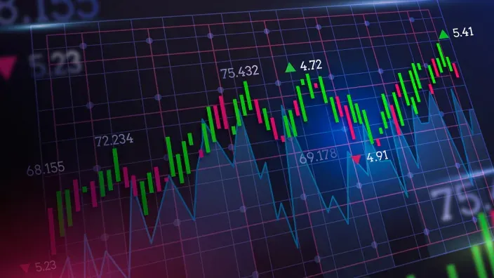Gráfico bursátil con velas de cotización y líneas de evolución de precios