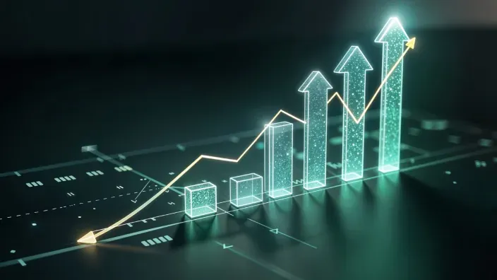 Gráfico digital de barras con flechas ascendentes representando el crecimiento financiero y rentabilidad.