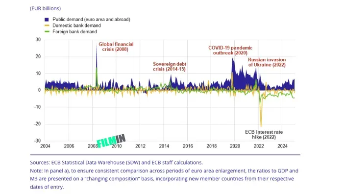 Gráfico del BCE que muestra la demanda de euros por parte de bancos y sector público, y su reacción a las crisis económicas.