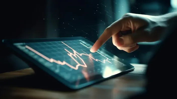 Mano señalando un gráfico de mercado en una tablet que muestra la evolución de precios en tiempo real.