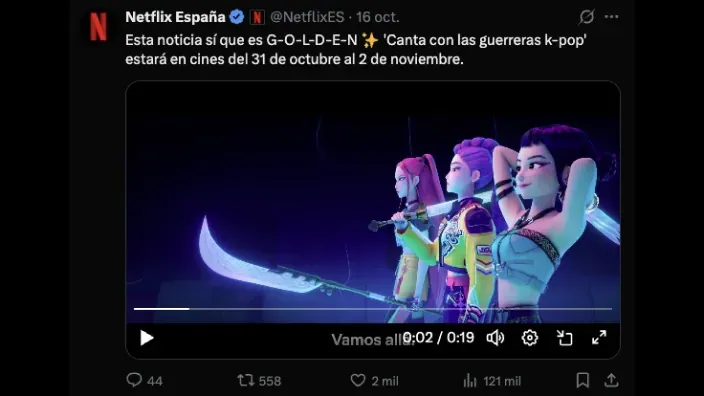 Tuit de Netflix España sobre el estreno en cines del evento de K-pop Canta con las guerreras.