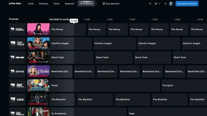 Guía de programación de TV en directo de Prime Video. Canales con series y películas como The Nanny, Éxitos, Thriller y más.