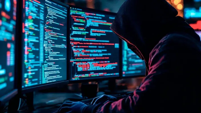 Ciberdelincuente encapuchado trabajando con código binario en múltiples pantallas en la oscuridad.