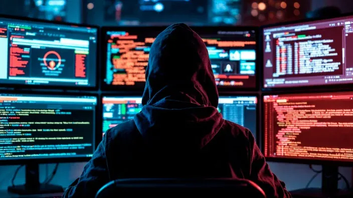 Hacker informático encapuchado trabajando con múltiples pantallas de código en sala oscura.