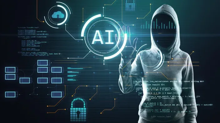 Hacker con inteligencia artificial manejando interfaces de ciberseguridad, nube y protección de datos digitales.