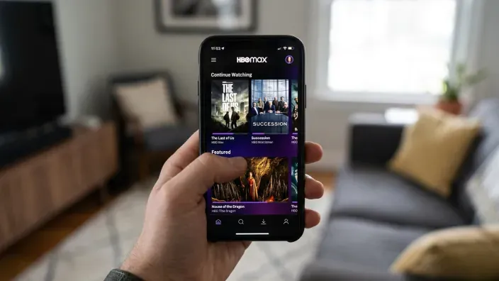 Mano sosteniendo un smartphone con la aplicación de HBO Max para ver series como Succession y The Last of Us en streaming.