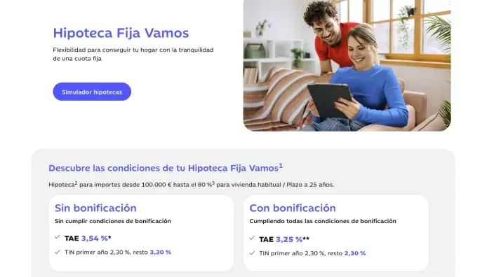 Oferta web de Hipoteca Fija Vamos de Ibercaja con tipos de interés TAE desde 3,25% con bonificación.