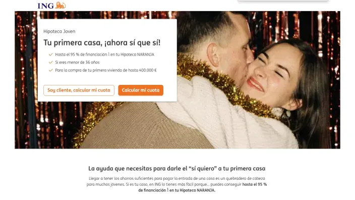 Web de ING con oferta de Hipoteca Joven para menores de treinta y seis años con hasta el noventa y cinco por ciento de financiación.