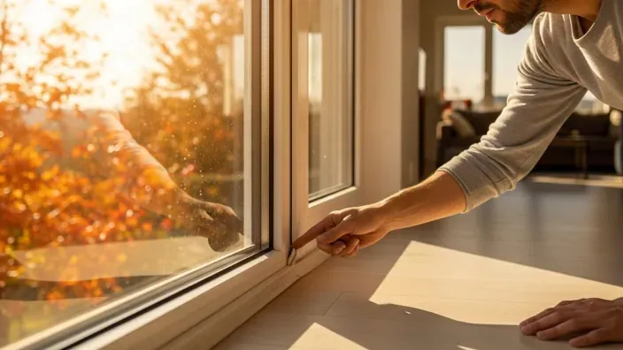 Hombre comprobando el aislamiento de una ventana mientras entra la luz del sol otoñal.