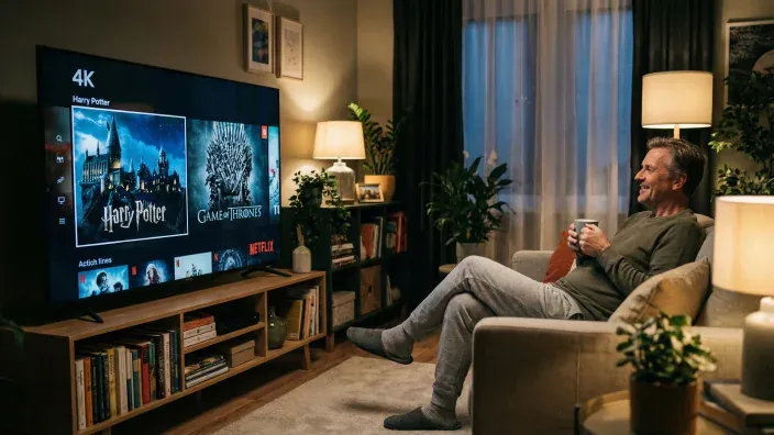 Hombre sonriente viendo Netflix en su Smart TV. Disfruta de películas como Harry Potter y series como Juego de Tronos.