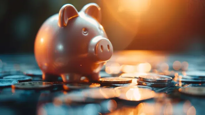 Hucha con forma de cerdito rodeada de monedas que simboliza el ahorro y la planificación financiera