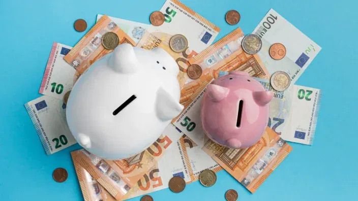 Dos huchas de cerdito sobre billetes y monedas de euro para representar los ahorros y las finanzas personales.