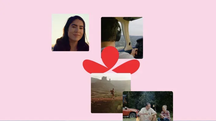 Identidad visual de Mapfre con imágenes de personas y escenas cotidianas sobre fondo rosa