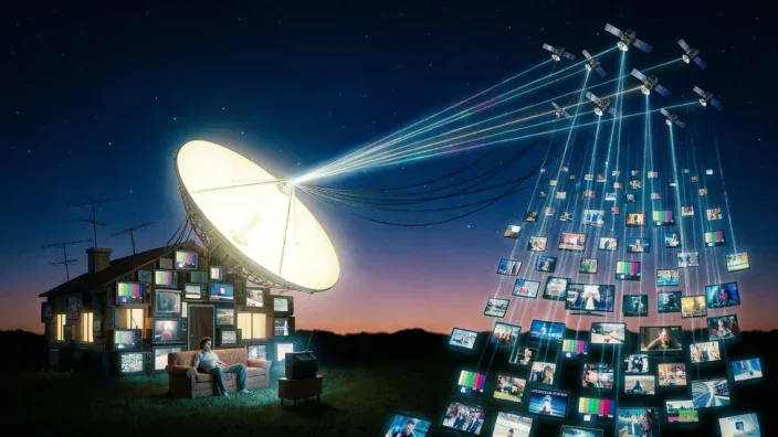 Ilustración conceptual de una casa conectada a decenas de satélites y pantallas, mostrando la transmisión de contenidos televisivos por vía satelital.