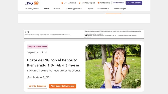 Captura de la web de ING con la oferta del Depósito Bienvenida al tres por ciento TAE para fomentar el ahorro de nuevos clientes.