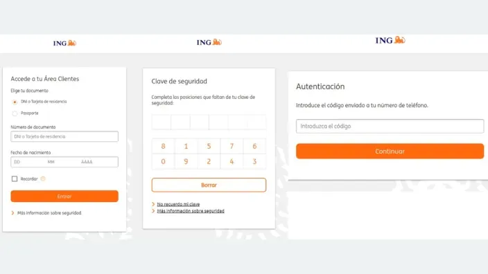Pantallas falsas de acceso y autenticación de seguridad en la banca online de ING con clave y código SMS.