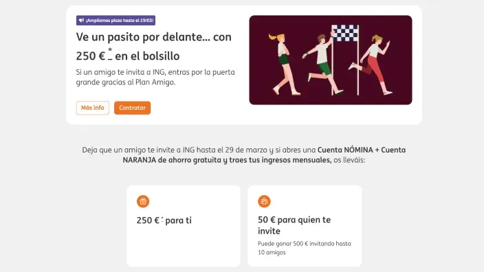 Web de ING con promoción Plan Amigo de doscientos cincuenta euros por abrir una Cuenta Nómina y de ahorro.